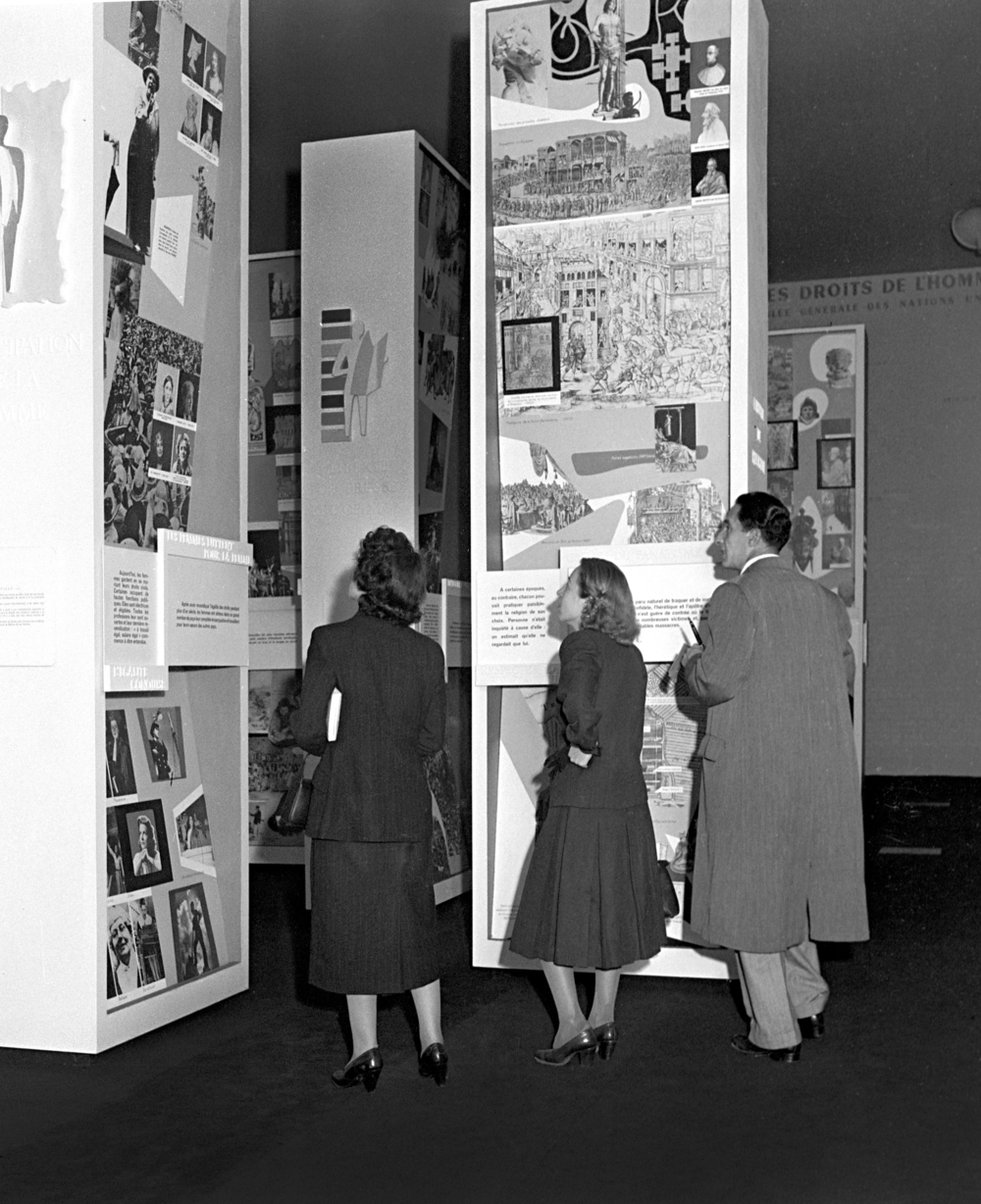 At the UNESCO exhibition to mark the first anniversary of the United Nations Universal Declaration of Human Rights, Musée Galliéra, Paris, October 1949. 